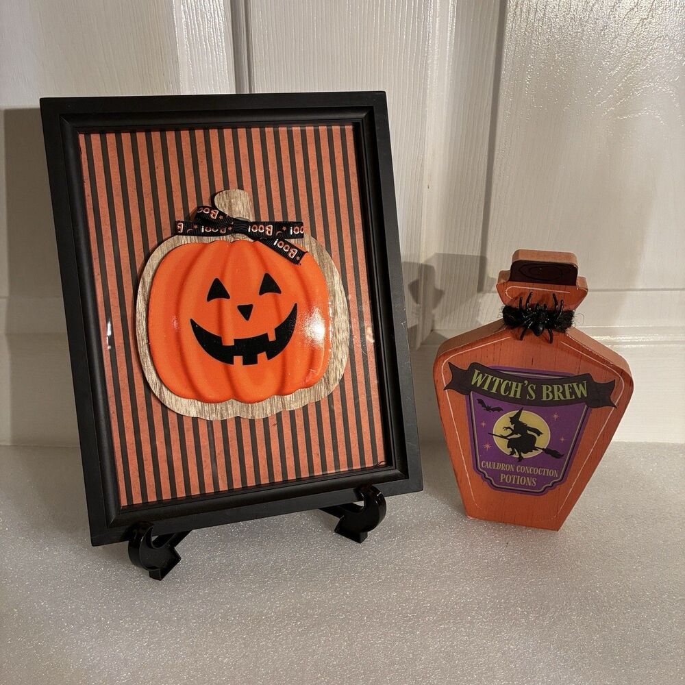 Halloween Jack-O-Lantern On Frame Stripes & Witch’s Brew Wood Potion Bottle